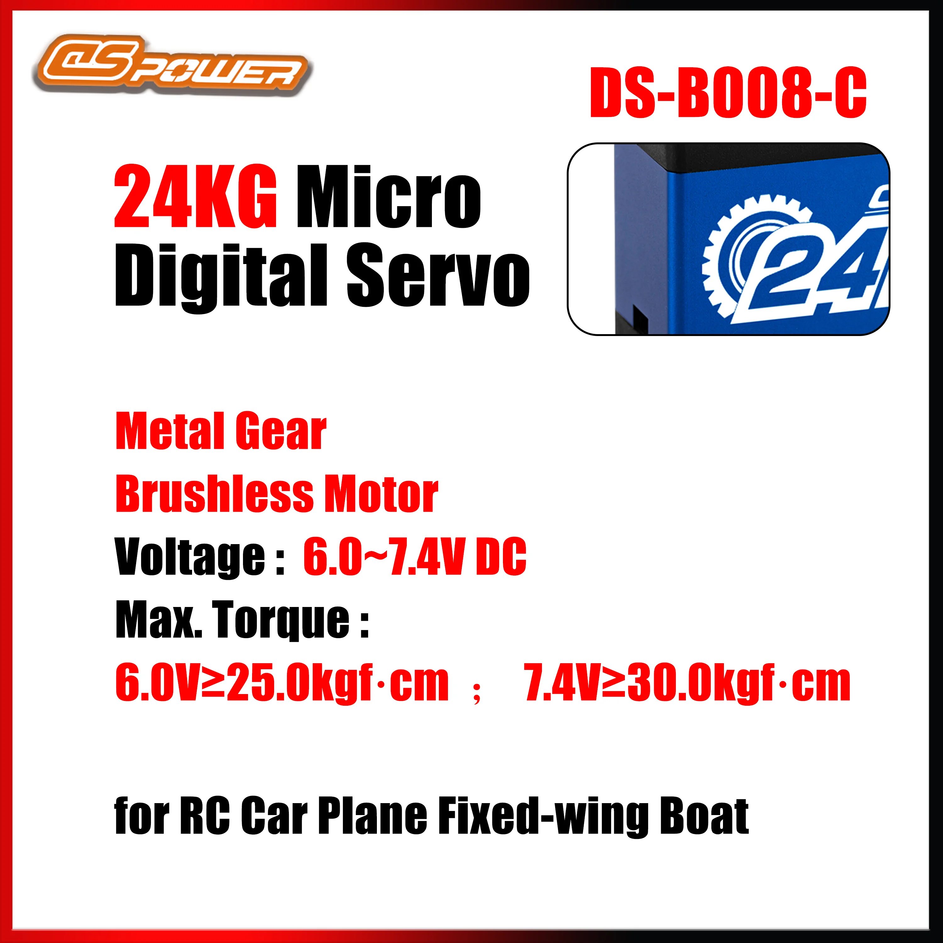 DSpower 24KG Brushless Motor Digital Servo Metal Gear Waterproof High Speed Large Torque for RC Car Drone Boat Robot Toy Parts
