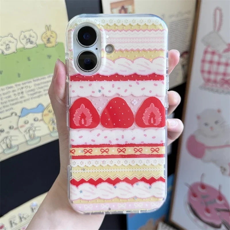 Cream Strawberry Cake Lace Bowknot Phone Case For iPhone 18 17 16 15 14 13 12 11 Pro Max 16e Air X XR XS Max 7 8 Plus Soft Cover