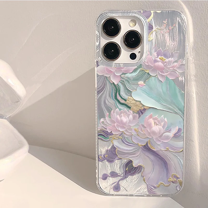 Dreamy Purple Lotus Print Aesthetic Phone Case for iPhone 18 Pro 17 16 15 13 12 11 14 Pro Max Air X XR XS 7 8 Plus 16E SE Cover