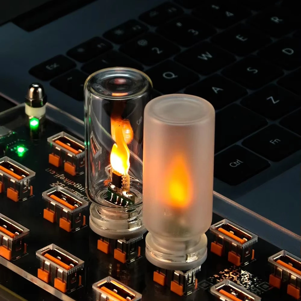 USB Flame Flickering LED Frosted Clear Glass Candle Night Light Simulated Flame for Car Home Room Laptop PC Festival Decoration