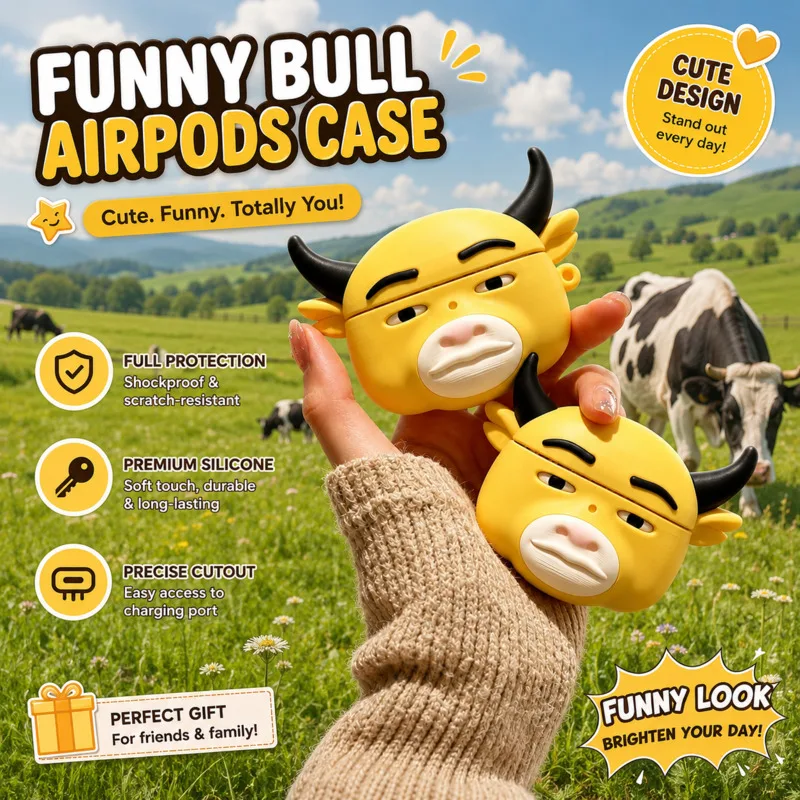 Cute Yellow Bull Silicone Case AirPods Pro 1 2 Soft Protective Earbud Shell Funny Cartoon Cow Cover Novelty Gag Accessory Gift