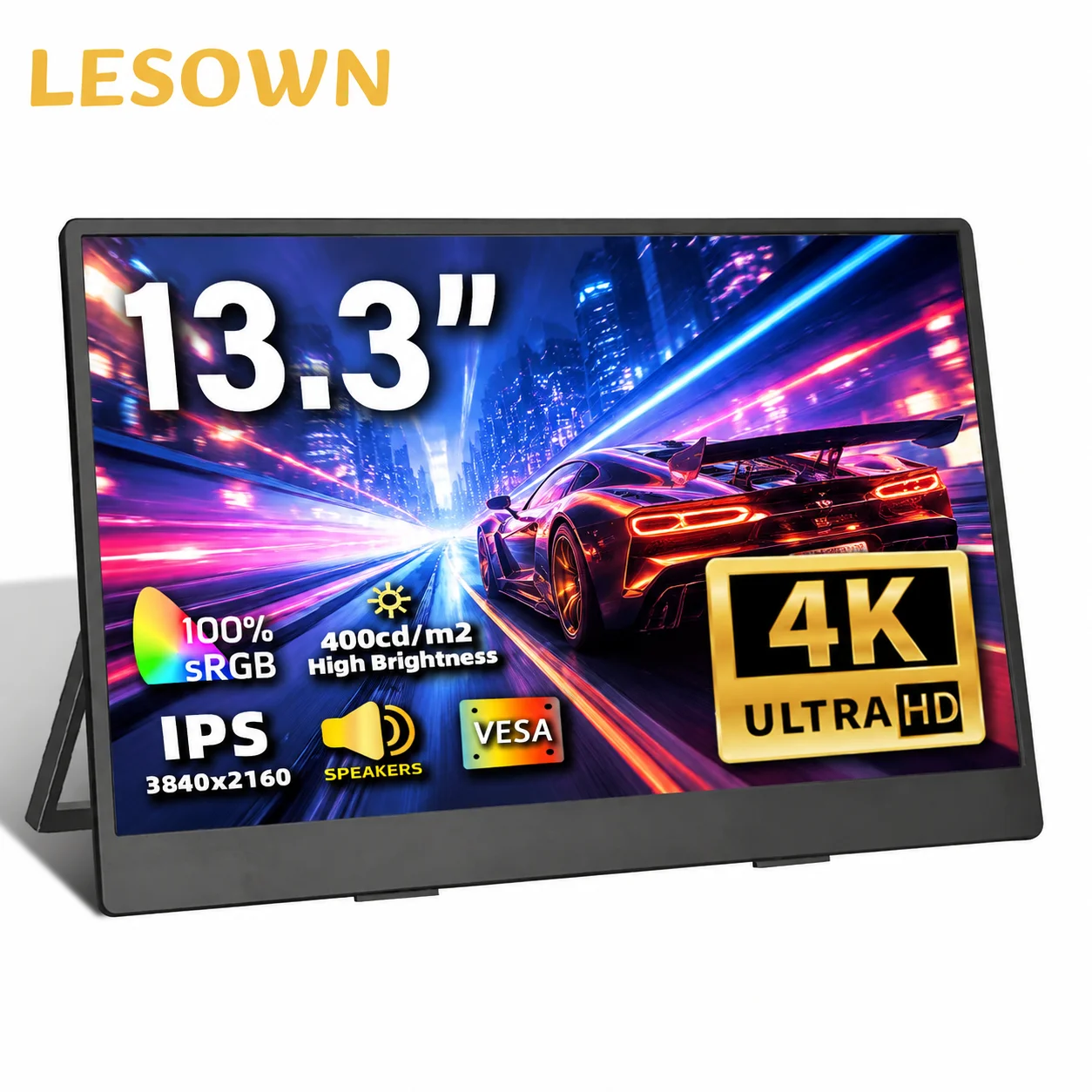 LESOWN 13.3 Inch Slim Portable Monitor 1080P FHD External Display with Dual Speakers Driverless Setup for Office