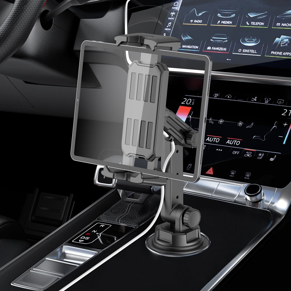 Car Cup Slot Tablet Stand 360 Adjustable Smartphone Holder 270 Tilt Bar Triangular Base Ram Mount SUV Tools for IPad 4~12.9