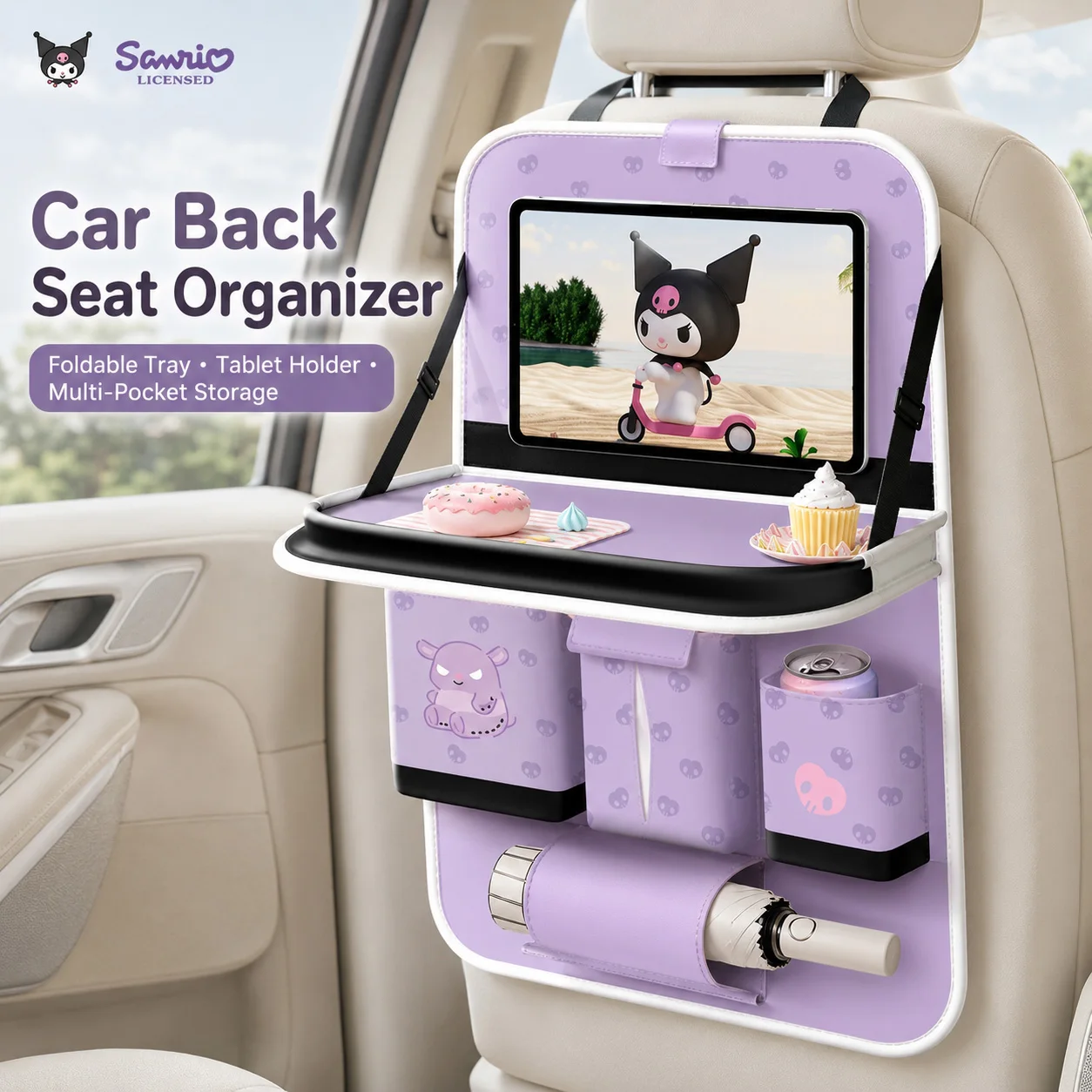 Sanrio Kuromi Car Backseat Organizer with Tablet Holder Foldable Tray Multi-Pocket Storage Car Seat Back Protector