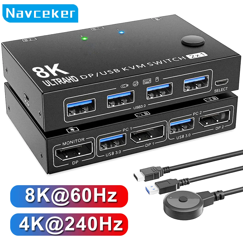 Navceker 4K 240Hz DisplayPort KVM Switch 2 Port 8K 60Hz DP Video USB Switcher for 2 Desktop PC Laptop to 1 Monitor TV 2K 360Hz