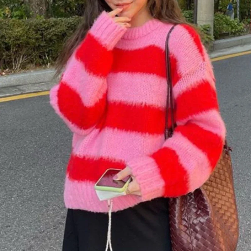 Candy Color Knitted Striped Sweater Women O Neck Long Sleeve Korean Sweet Pullover Jumpers Female Sueter Mujer Lazy Style