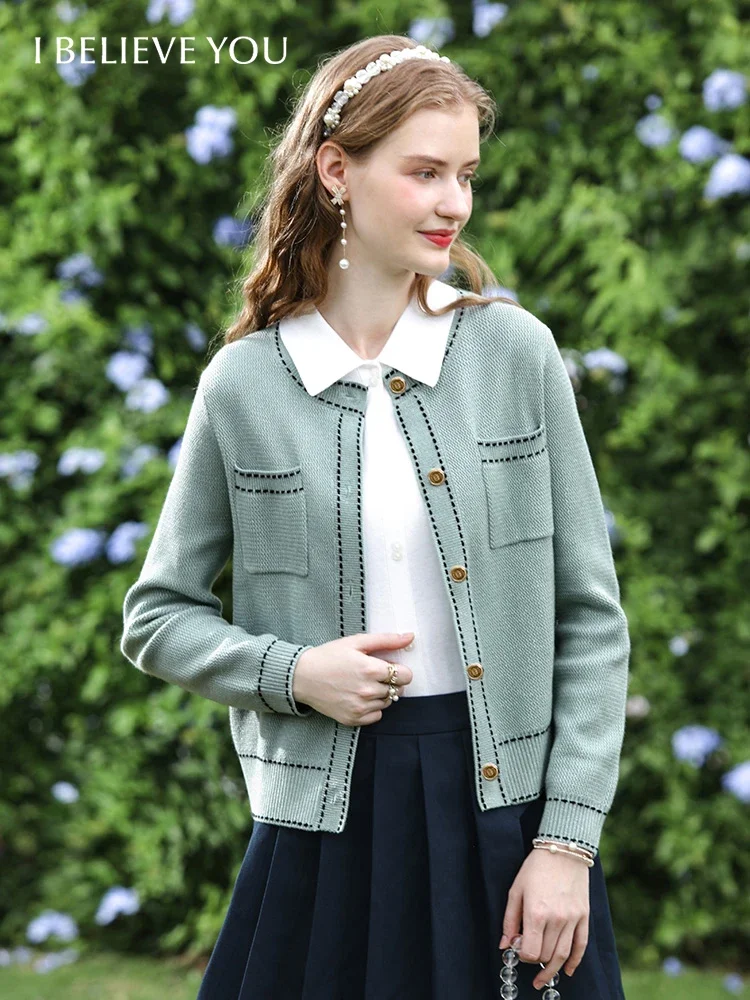 I BELIEVE YOU Tweed Long Sleeve Knitted Cardigan for Woman 2024 Autumn New Exquisite Patchwork Lady Soft Sweater Coat 2243125782