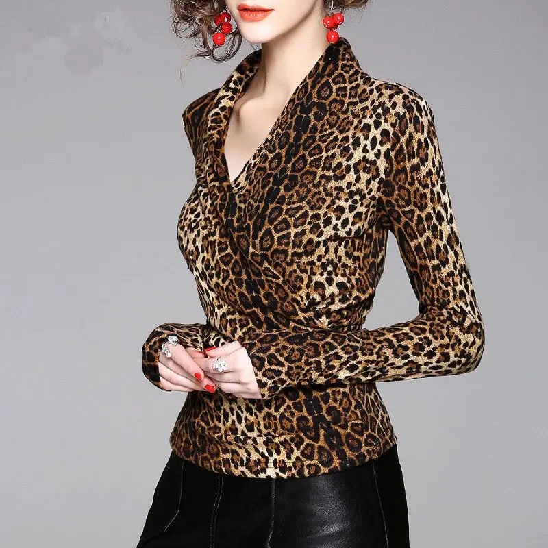 Elegant V-Neck Long Sleeve Printed Leopard Blouse Women's Clothing Autumn New Casual Pullovers All-match Office Lady Shirt