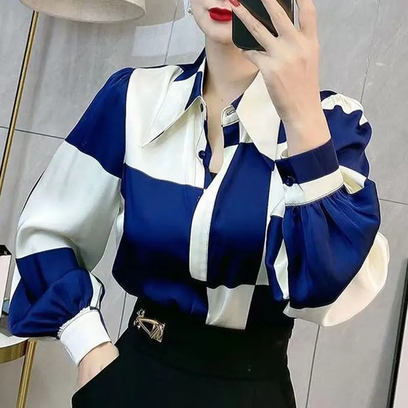 Women's Clothing Plaid Spliced Blouse Commute Single-breasted 2025 Spring Autumn Turn-down Collar Korean Long Sleeve Loose Shirt