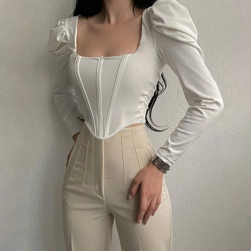 Vintage Puff Sleeve Bodycone Crop Tops Women Autumn Square Collar Solid T Shirt Blouse Y2K Fashion Clothes Streetwear Base Tees