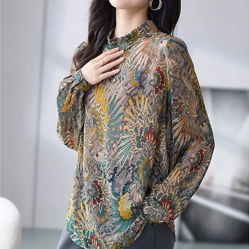 Vintage Folk Floral Printed Stand Collar Blouse Casual Loose Chic Diamonds 2025 Spring Autumn Female Clothing Long Sleeve Shirt