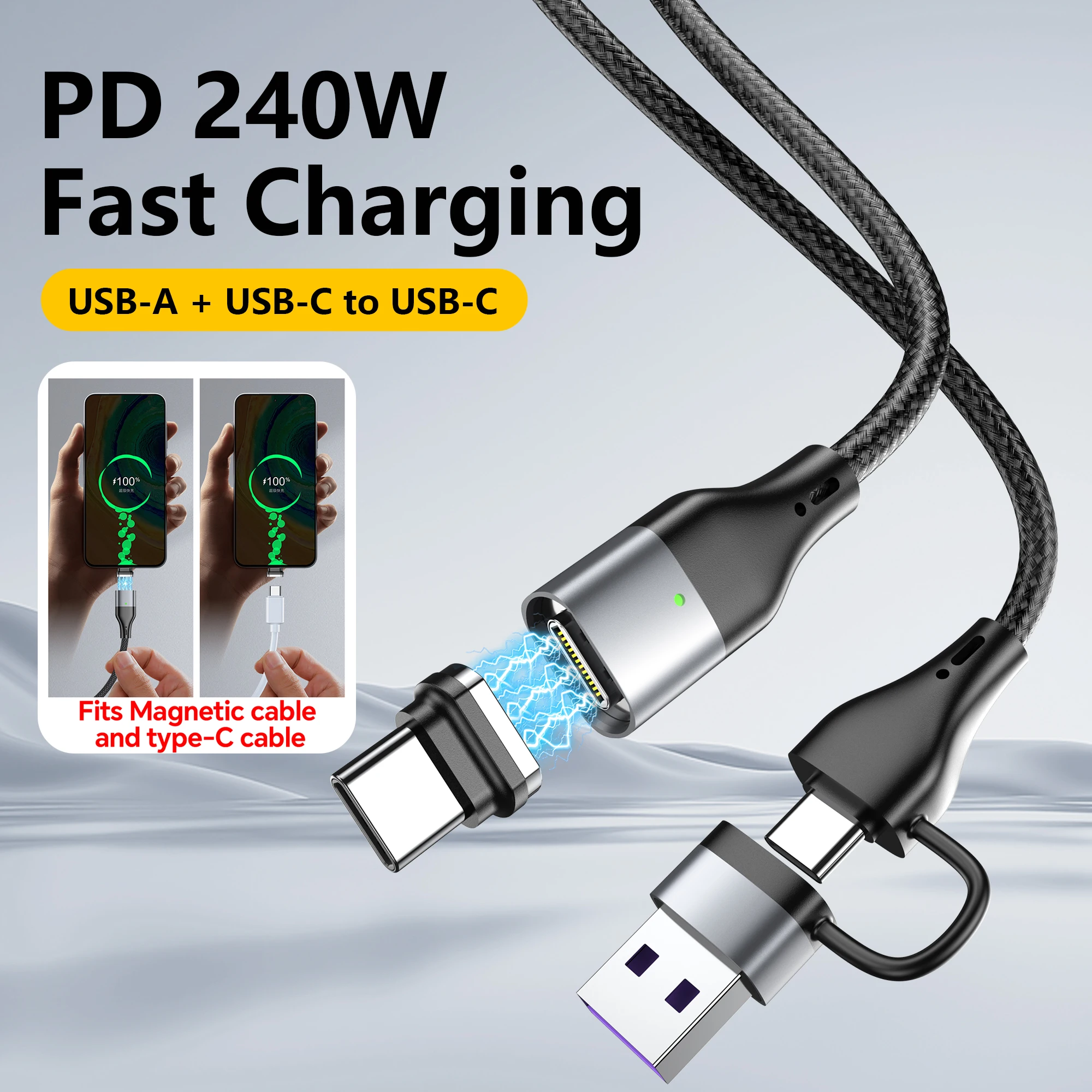PD 240W USB C Magnetic Data Cord USB Type C Charging Cable 3 in 1 Fast Charger USB C Cable For iPhone 17 16 15 Huawei Data Wire