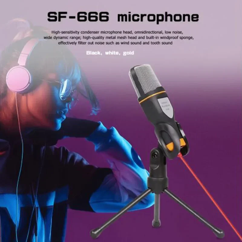 SF-666 Professional Wired Microphone Condenser Sound 3.5mm Jack Podcast Studio Mic with Stand Tripod SF666 for Skype MSN PC