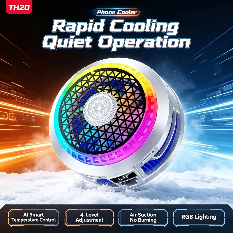 TH20-1 9V/2.5A 22.5W Max Semiconductor Phone Cooler Magnetic / Clip Gaming Cooling Fan Radiator Colorful LED Light for PUBG Game