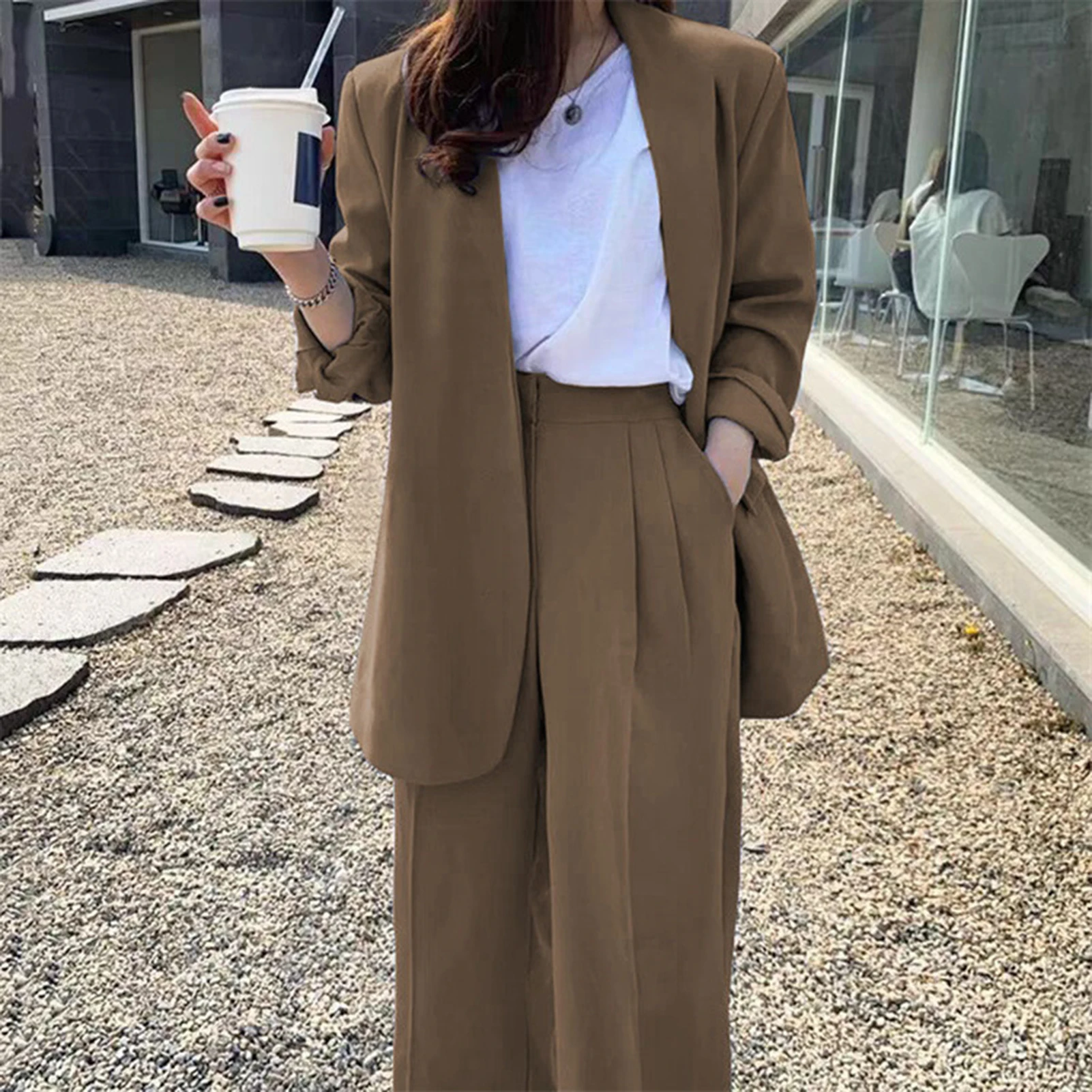 Wide Leg Suit Pants Set Elegant Women Business Suit Set Cardigan Jacket High Waist for Professional Lady Formal Coat Pants Set
