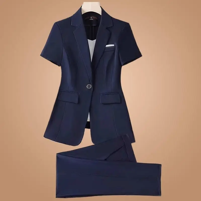 Women's Summer New Casual Short-sleeved Blazers Jacket Pants 2 Piece Korean Elegant Thin Professional Suit Trousers Matching Set