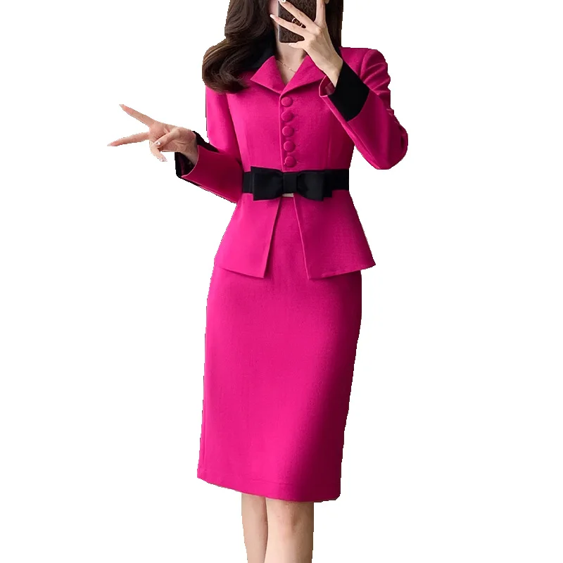 Novelty Rose Red Slim Fashion Career Work Wear Suits With Jackets And Skirt Elegant Professional Business Women Blazers Outfits
