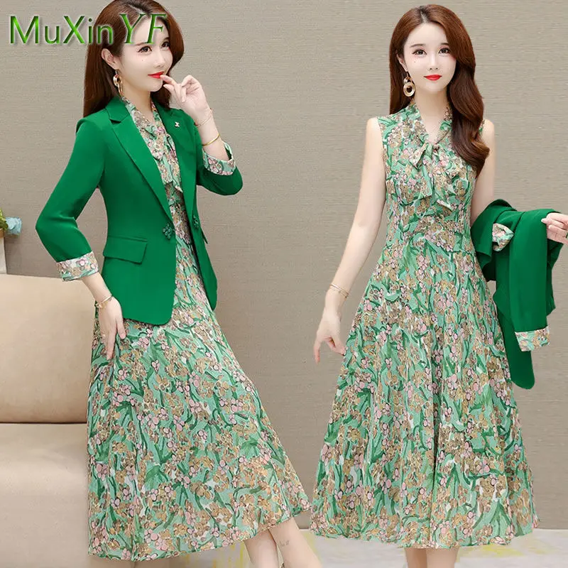 2025 Spring Autumn New Suit Jacket Dress Two-piece Women's Elegant Blazers Floral Long Skirt Set Female Office Professional Wear