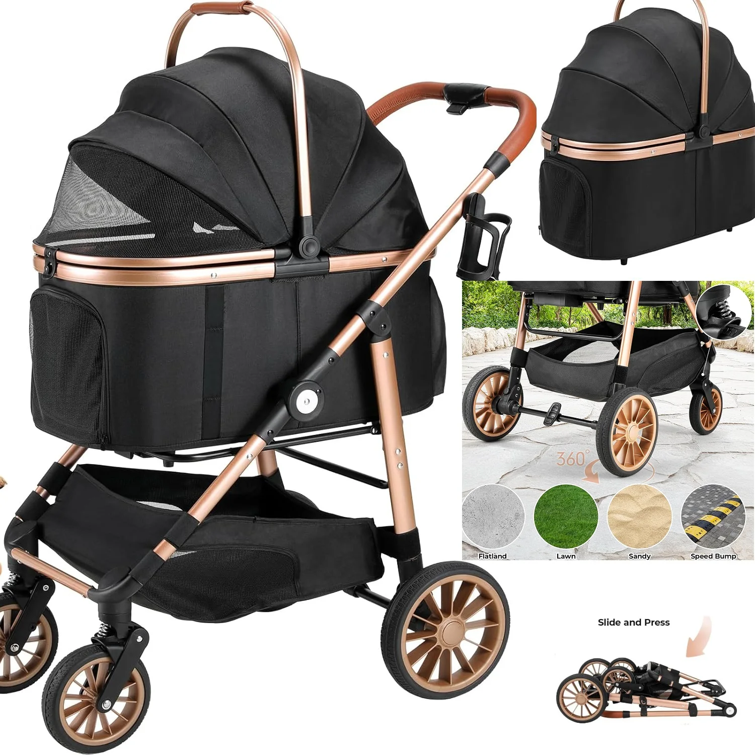 360° High Wheels Transport Foldable Cat Pet Stroller 2in1 Dog Buggy Stroller Dog Box Can Be Attached in Car, Max. load 25 kg