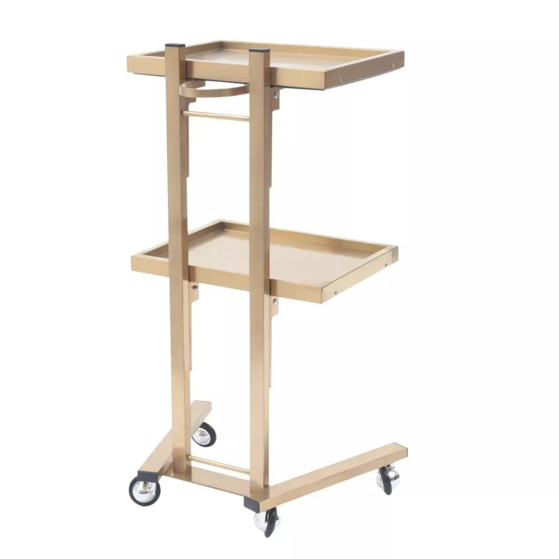Stainless Steel 2-Tier Gold Rolling Cart - Foldable Tray Trolley for SPA & Beauty Salon
