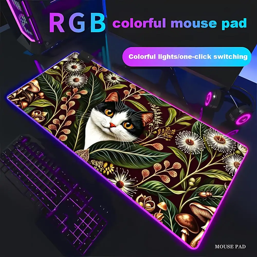 HYBXAXC Vintage Floral Cat Large Mouse Pad RGB Gaming Mouse Pad HD Gamer Large LED XXL PC Rubber Desk Mat Waterproof Gaming