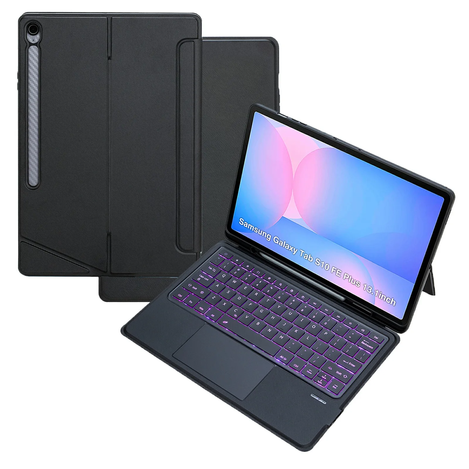 T820B-AS For Samsung Galaxy Tab S10 FE+ X620 / X626B Backlit Touchpad Bluetooth-Compatible Keyboard Leather Case