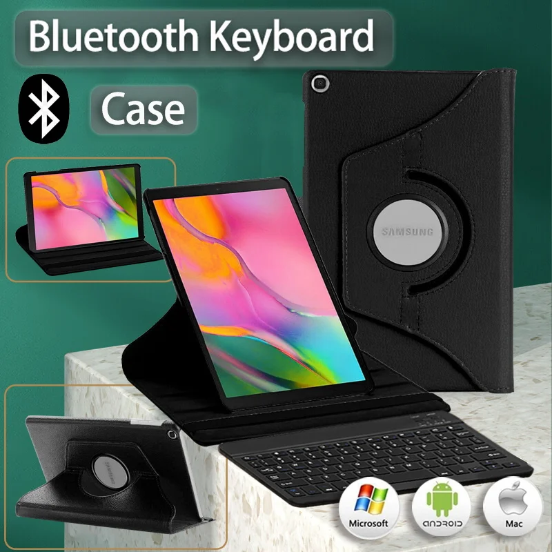 360 Degree Rotating Case for Samsung Galaxy Tab A 10.1 Inch SM-T510/T515 PU Leather Smart Tablet Cover Case + Bluetooth Keyboard