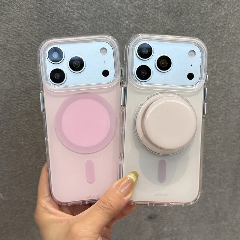 Luxury Pink White Magnetic Grip Kickstand Phone Case For iPhone 17 16 15 14 13 Pro Max Clear Bumper Hard Back Cover With Magsafe