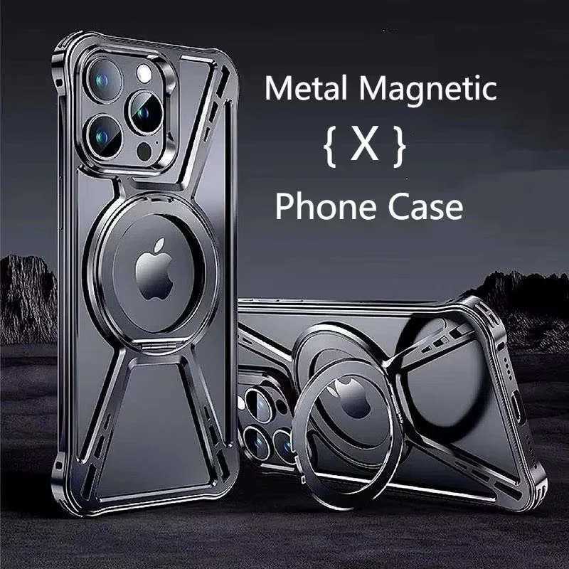 Magnetic Metal 360° Rotate Stand Phone Case For iphone 13 14 15 16 17 Pro Max Hollow Heat Dissipation Aluminum Shockproof Cover