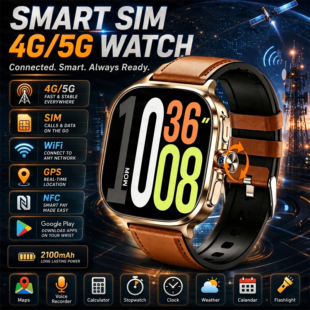 MAVHX SIM card Smartwatch Android 4G 5G LTE 2.16-inch BT4.2 GPS NFC Amoled HD Screen 2100Mah Smart Watch Google play Download
