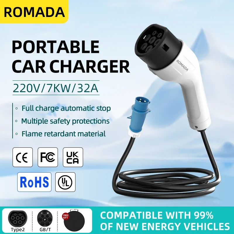 Type2 Portable EV Charger 32A 7.2KW-7.36KW Type2 CEE Plug,IP66 Waterproof EV Charging Cable 3M-20M for Electric Car Home Use