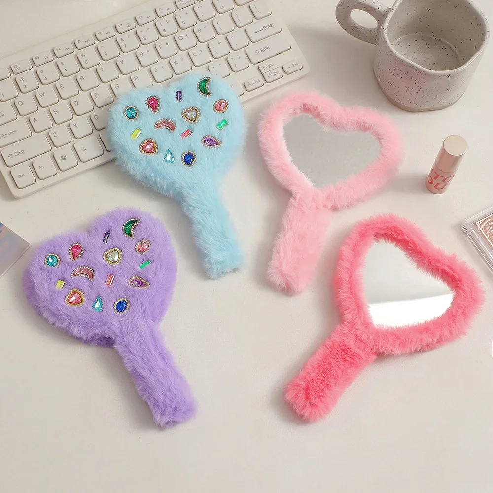 Plush Handle Mirror Portable Heart Shape Makeup Mirror Diamond Cosmetic Mirror For Girl Women Creative Gift Home Decoration