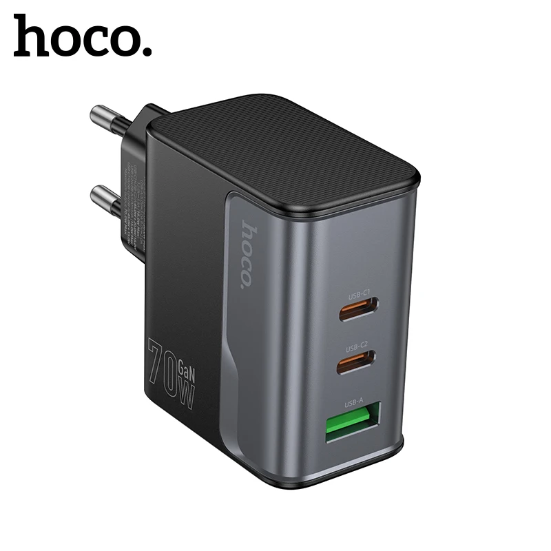 HOCO GaN 70W EU Plug Phone Charger For Samsung S25 S24 Dual USB C PD QC Quick Charging Wall Adapter For iPhone 16/15/14 Pro Max