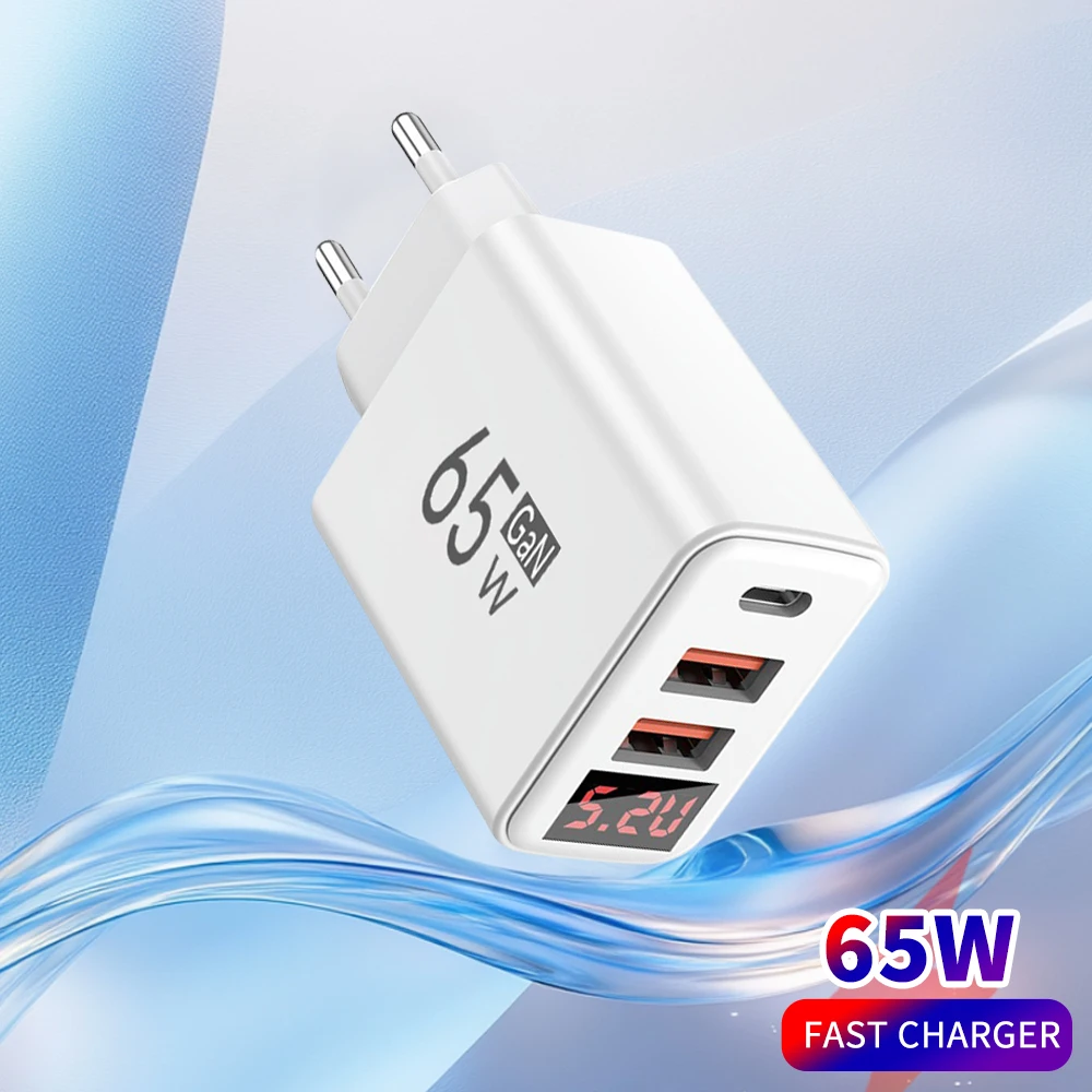 65W GaN USB C Charger 3 Port Fast Charging Digital Display Phone Charger For iPhone 16 15 Samsung Xiaomi EU/US Plug Wall Adapter