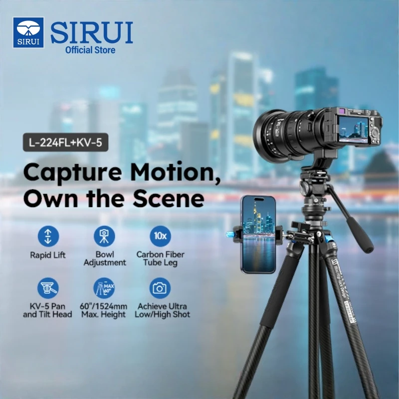 SIRUI Portable 1.54M Travel Video Tripod Kit Compact Carbon Fiber Camera Tripods With Fluid Flip Quick Locks Head L-224FL+KV-5