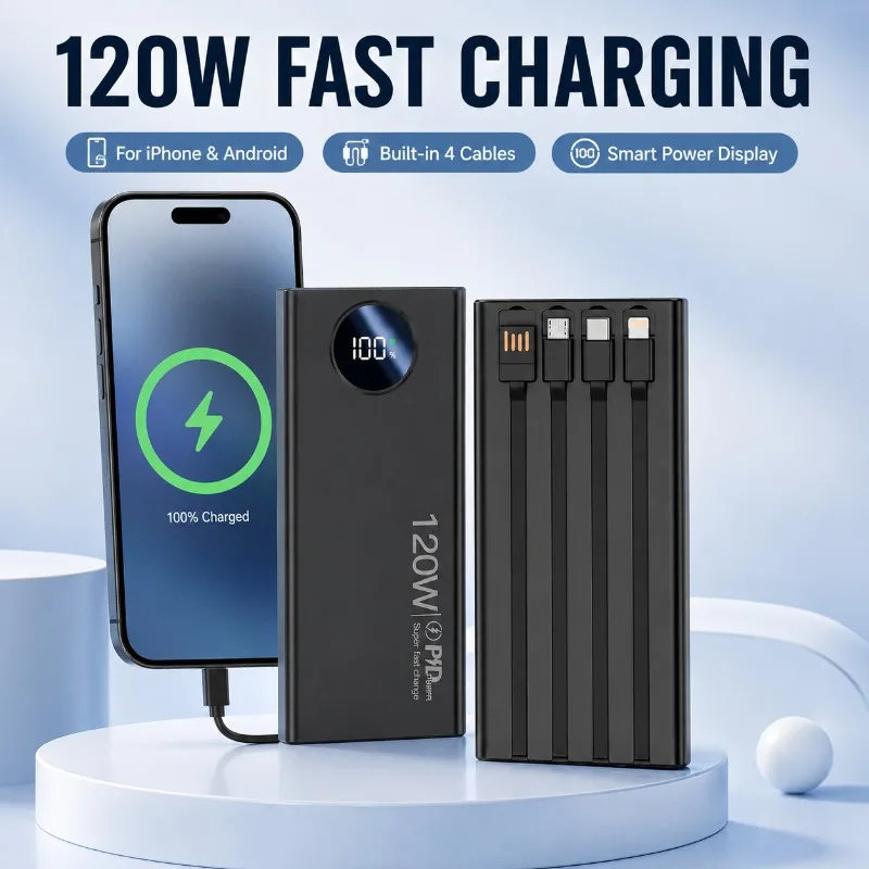 120W Fast Charging Power Bank 57000mAh Built‑in 4 Cables Portable External Battery Pack for Smartphones Outdoor Travel Charger