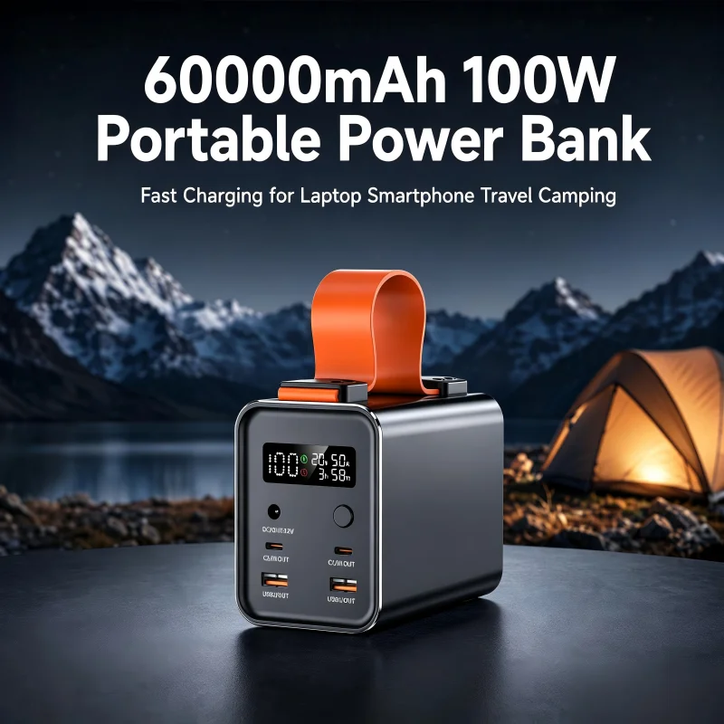 100W 60000mAh Portable Power Bank USB‑C PD QC DC Fast Charging External Battery Pack for Laptop Smartphones Travel Camping