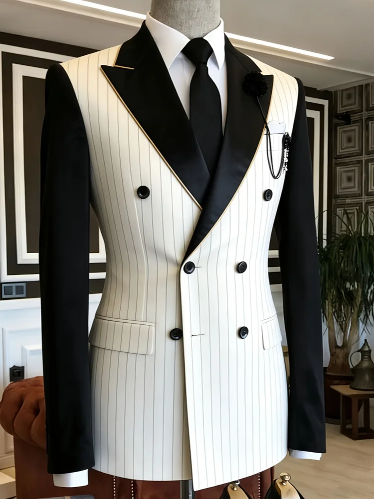 Mens Slim‑Fit Double‑Breasted Blazer Black Satin Peak Lapel Gold Trim Vertical Pinstripe 3‑Pocket Wedding Suit Jacket
