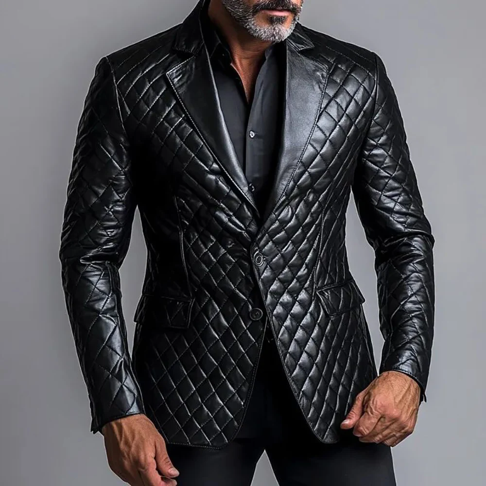 Men's Imitation PU Leather Blazer Autumn Single Breasted Suit Lapel Long Sleeve Button Out wear For Business Daily Office Jacket