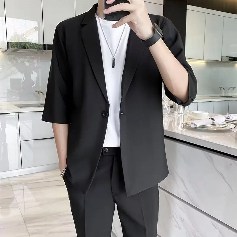 Summer Short Sleeved Blazer Men Fashion Social Mens Dress Jacket Korean Loose Casual Suit Jacket Mens Office Formal Blazer M-3XL