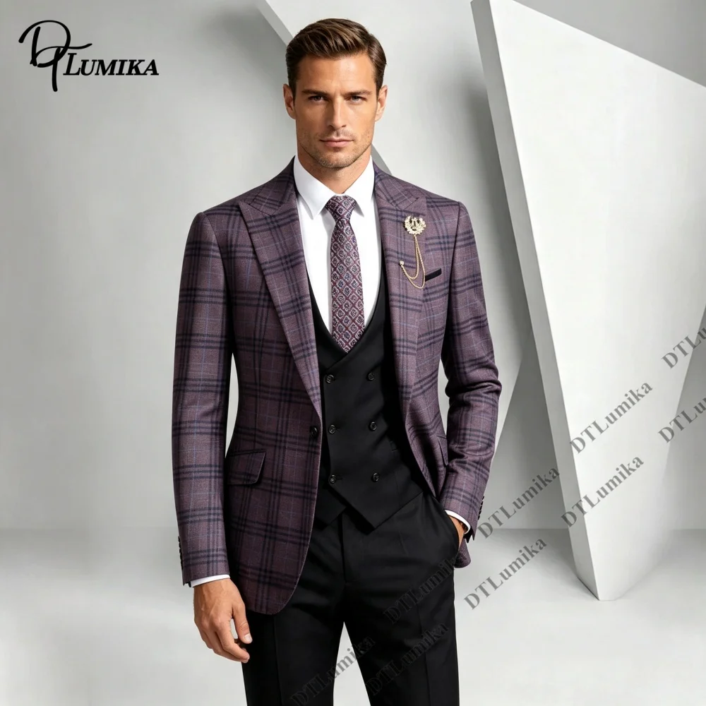 High Grade Woven Plaid Suit for Men Three Piece Jacket Vest Pants Formal Business Suit Interview Office Smart Suit Party Tuxedo