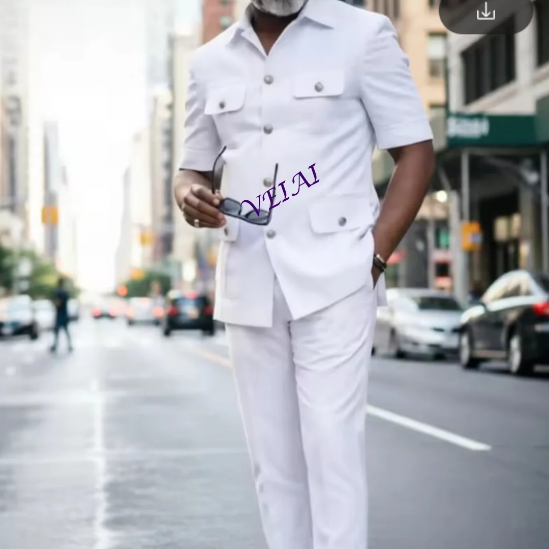 CustomizedFashion Men's Slim Fit Short Sleeve Blazer Casual Business Multi-Pocket Summer Suit for Office And Daily Wear