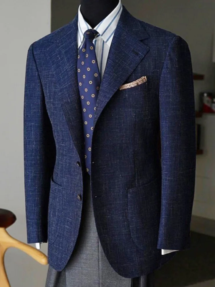 Classic Navy Mens Blazer Two Buttons Lapel Suit Coat Male Office Wedding Casual Outfit