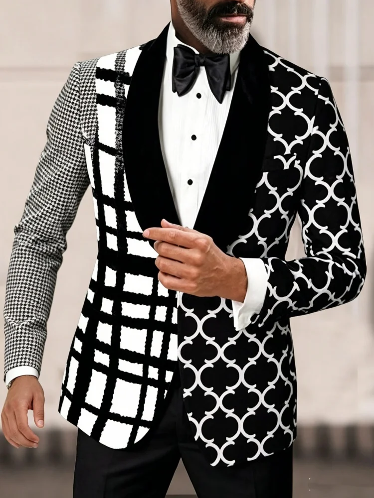 Mens Black White Mixed Pattern Shawl Collar Blazer Slim Fit Single Breasted Evening Prom Gentleman Outer Coat