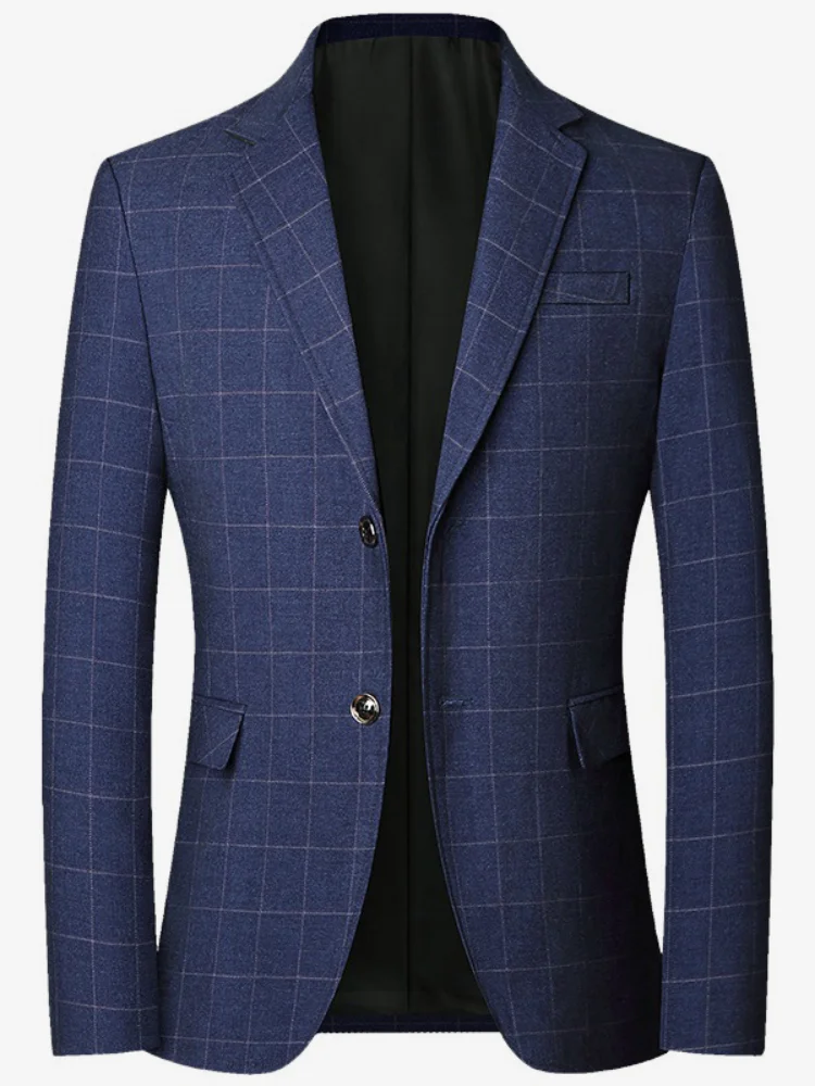 Fashion Mens Slim Single Breasted Square Check Blazer Standard Lapel Dual Side Pockets Office Casual Wedding Formal Suit Jacket