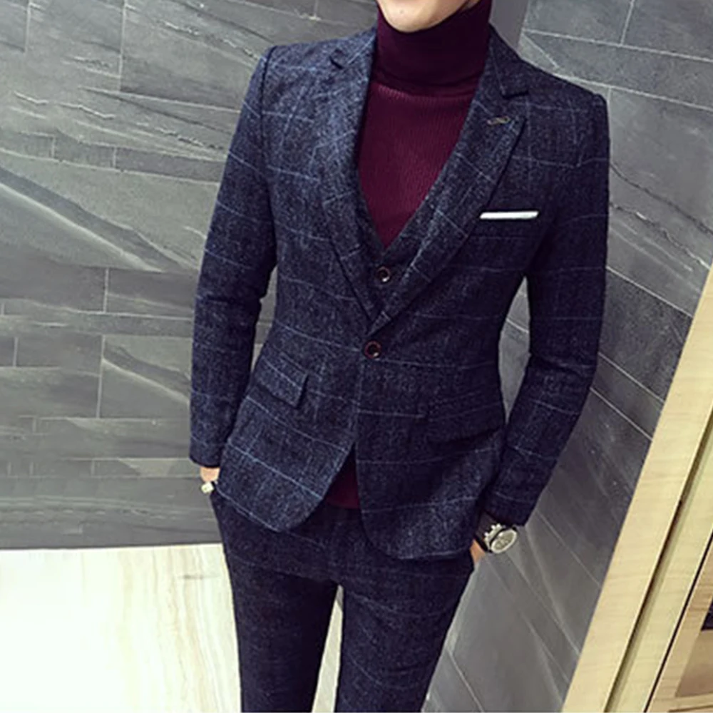 Mens 3 Piece Suit Slim Fit Plaid Long Sleeve Elegant Business Casual Single Button Formal Wedding Office Party Outfit Customized