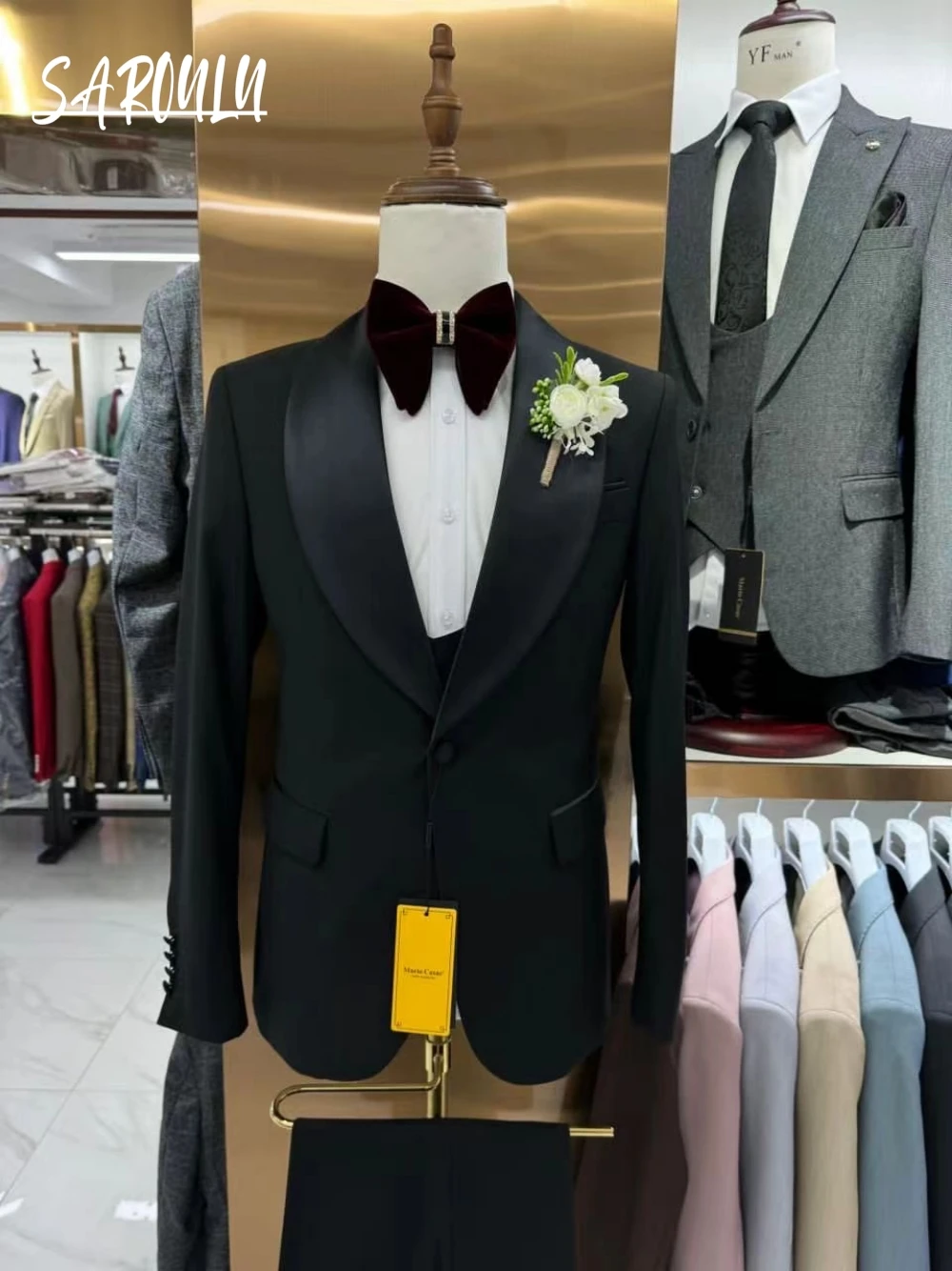 Classic Solid Color Man Suit 2-pieces Jacket Pants Fashionable Shawl Lapel Groom Wear Modern Tuxedo Black Handsome Dancing Set