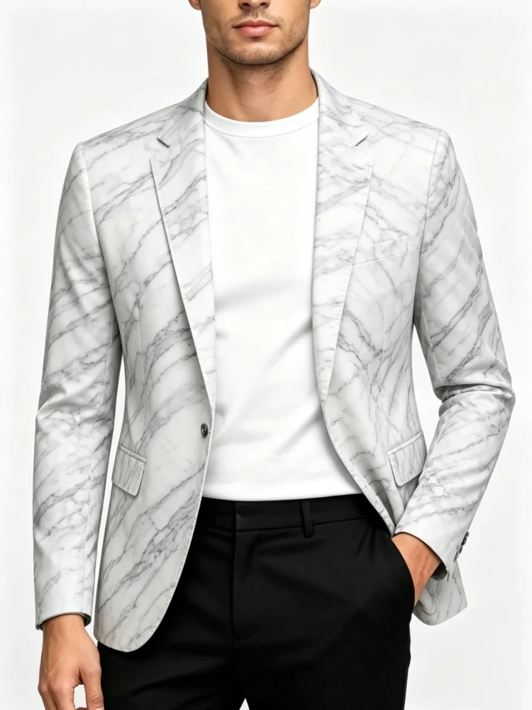 Men's One Button Blazer Full White Gray Marble Texture Printed Slim Fit Business Casual Suit Outer Coat