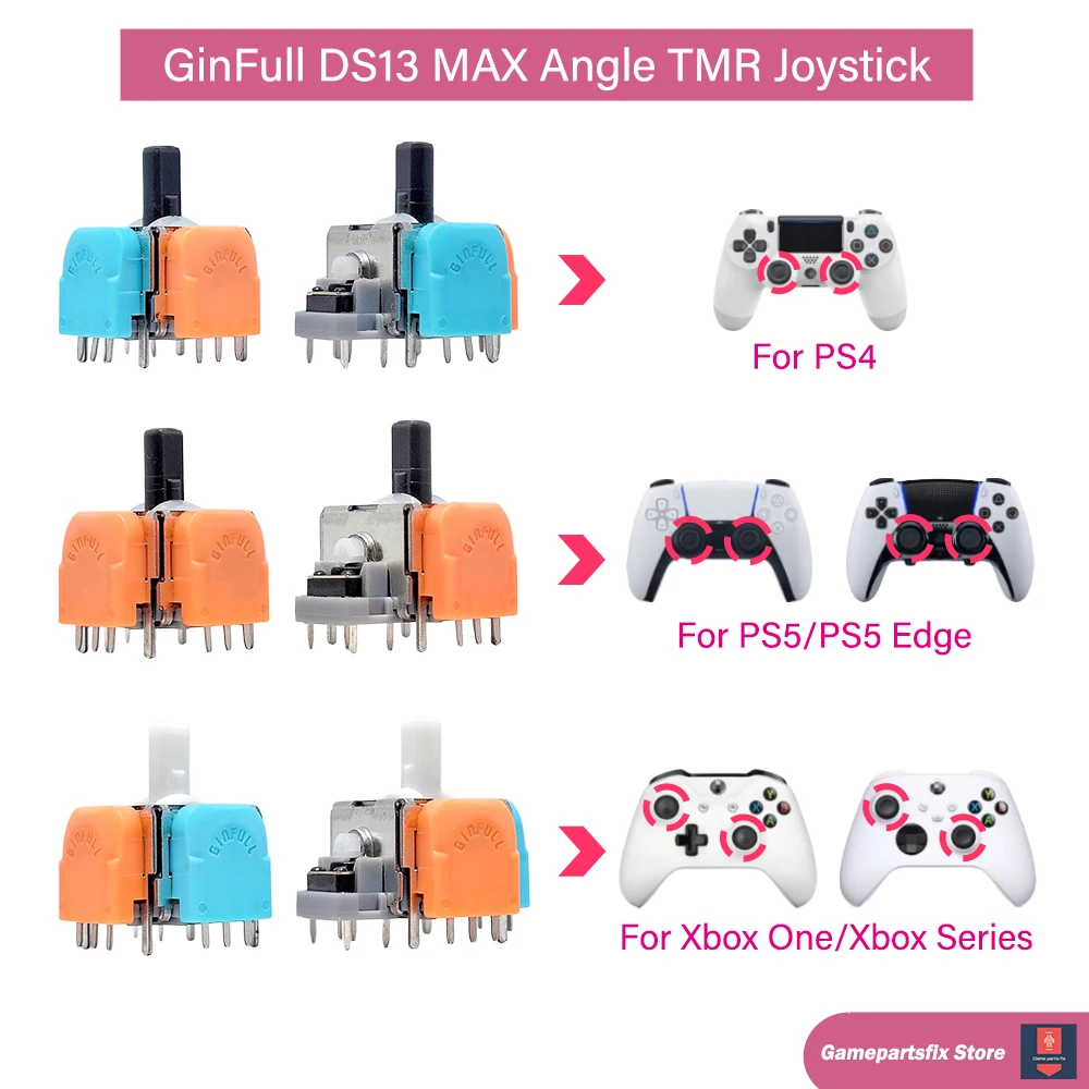 GinFull DS13 MAX Angle TMR Electromagnetic Joystick for PS4/PS5/PS5 Edge/Xbox Analog Thumbstick 2nd Gen Upgraded TMR Joystick