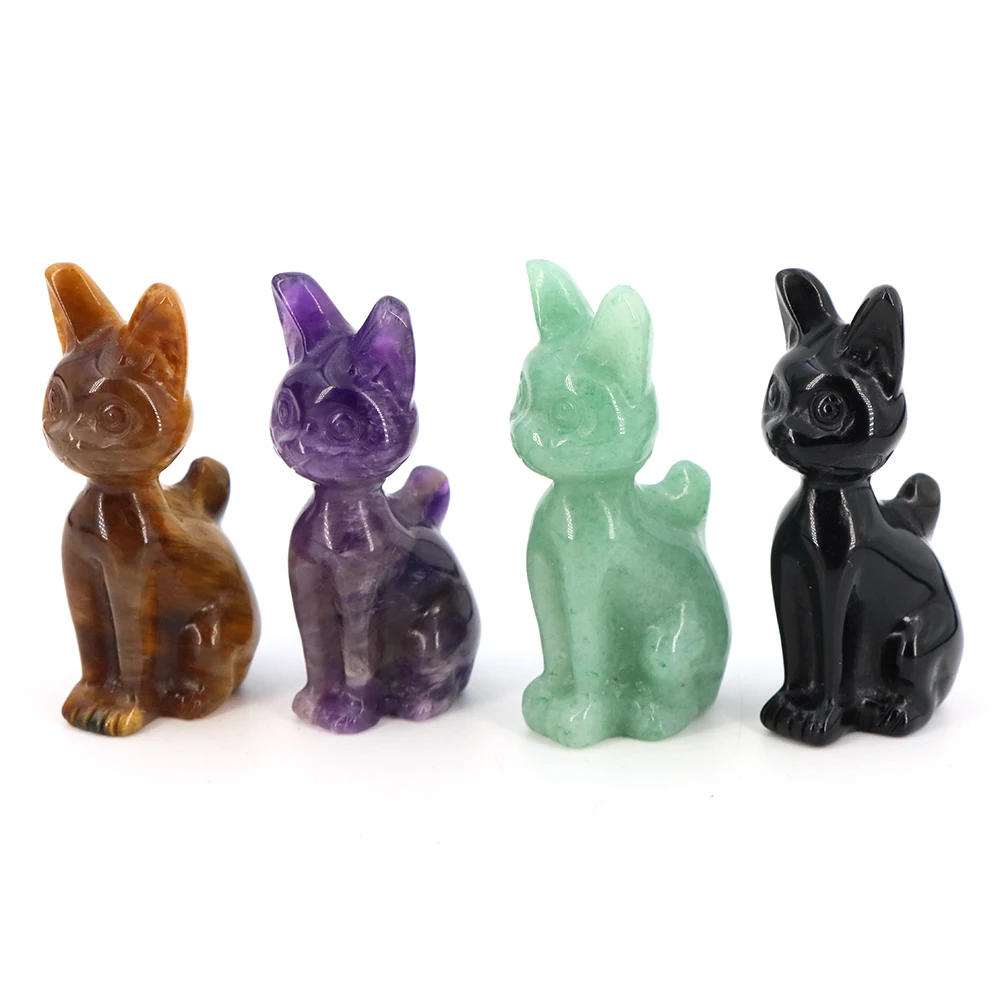 Natural Stone Egyptian Cat Statue Crystal Carving Healing Amethyst Figurine Office Desktop Ornaments Crafts Home Room Decoration
